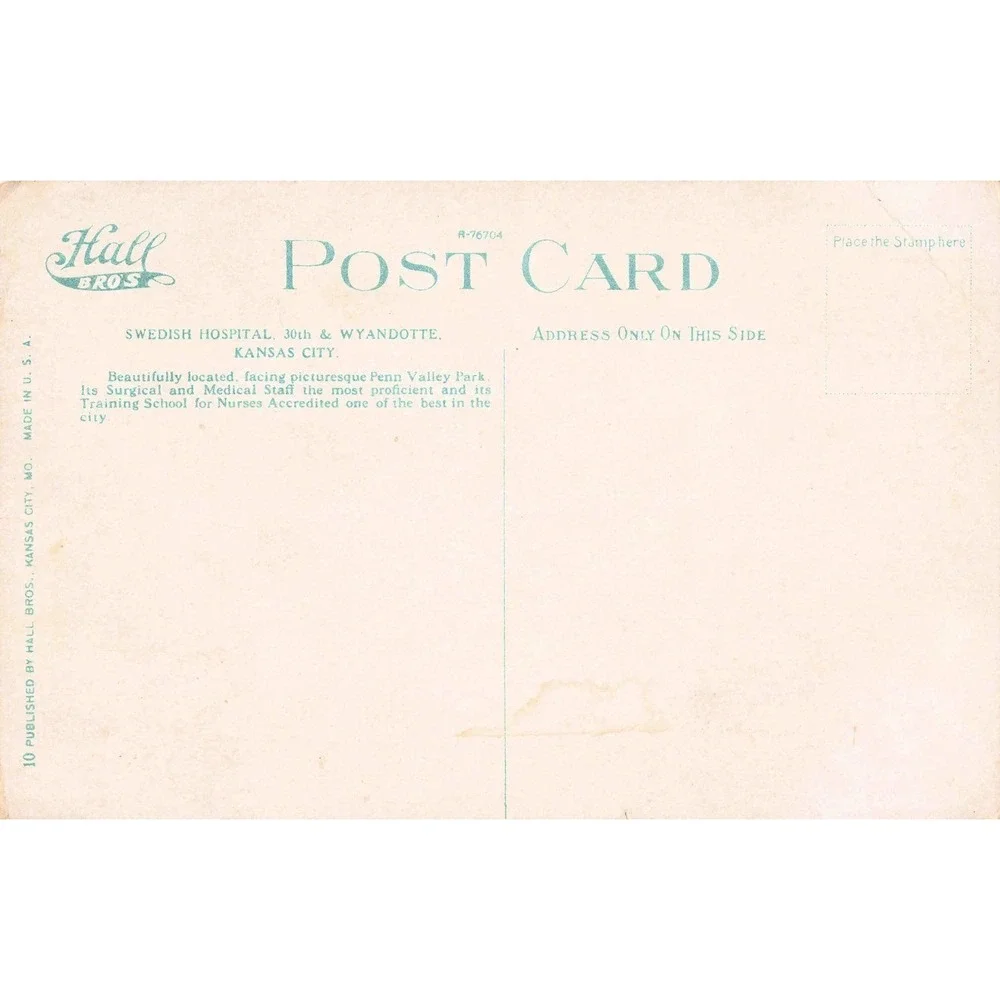 Vtg Swedish Hospital Kansas City MO Linen Postcard Hall Bros 30th Wyandotte